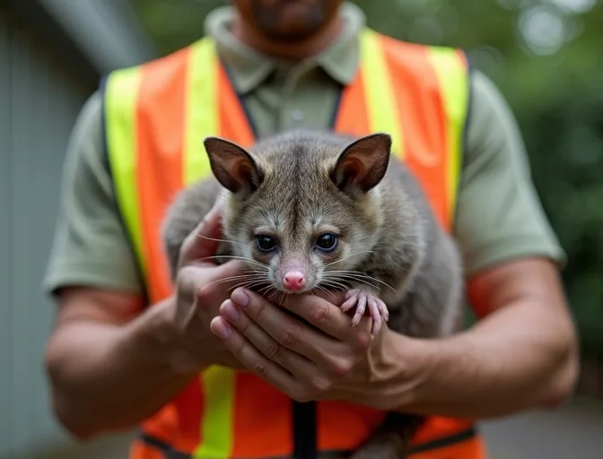 Animal handler safely recovering a deceased possum in Korobeit
