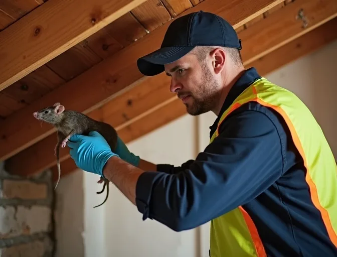 Technician inspecting a roof cavity for a dead rat in Korobeit